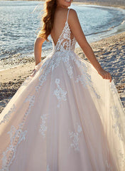 A-Line V-Neck Sweep Train Tulle Bridal Gown Floor Length Wedding Dress with Appliques