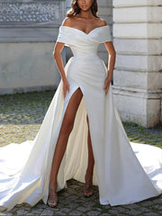 White Satin Wedding Dress Off The Shoulder Sheath Bridal Dress With Panel Train And Slit