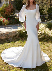Square Neckline Long Sleeve Trumpet/Mermaid Wedding Dress With Sweep Train Solid Color Elegant
