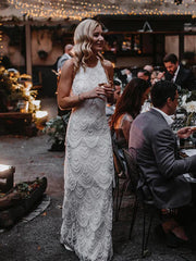 Sexy Sequin Wavy beaded lace Backless Halter Neckline Floor-length Train Wedding Dresses Elegant