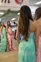 Aimishang Pink Spaghetti Straps Tiered Long Prom Dress with Slit Charming Evening Dress Wholesale