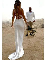 Open Back Casual Wedding Dresses Sleeveless Square Neck Strap Charmeuse Ruched Simple Formal Dress
