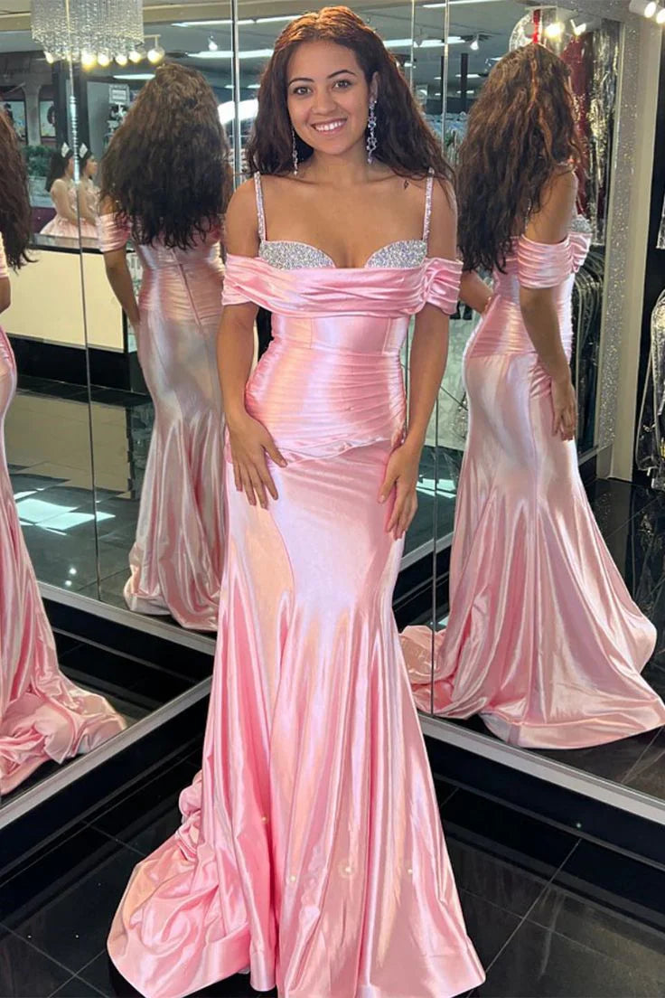 Wholesale Mermaid Off-the-Shoulder Beaded Pleated Long Prom Dress Charming Evening Party Dress