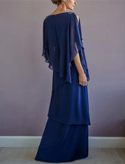 A-Line Mother of the Bride Dress Formal Wedding Guest Elegant Bateau Neck Floor Length Chiffon Half Sleeve with Ruffles