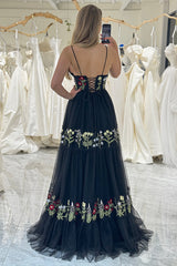 Black A Line Spaghetti Straps Long Prom Dress With Appliques Beautiful Flowers