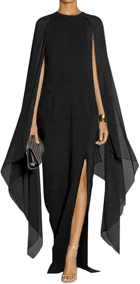 Women's Elegant High Split Flare Sleeve Formal Evening Gowns Maxi Dress Women's Elegant High Split Flare Sleeve Formal Evening Gowns Maxi Dress with Cape Party Dress Wholesale