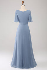 A-Line Chiffon Dusty Blue Long Bridesmaid Dress with Beaded Waist