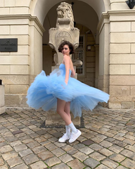 Cute A Line Strapless Blue Tea Length Prom Dress,Homecoming Dress SH593