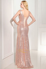 Sleeveless V-neck Long Sequined Formal Prom Dresses