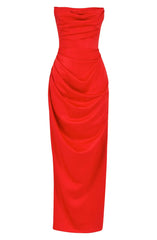 Elegant satin strapless sleeveless off shoulder and floor length off back prom dress