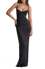 Elegant slim shoulder strap off shoulder tight corset satin backless and ground length prom dress