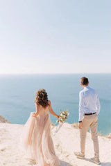 Simple V-neck Tulle Open Back Bridal Gown Beach Wedding Dresses Wholesale