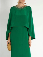Sheath / Column Mother of the Bride Dress Formal Elegant Party Jewel Neck Ankle Length Stretch Chiffon Long Sleeve with Sequin Split