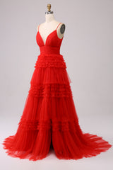 A Line Tulle Spaghetti Straps Sweetheart Prom Dress Floor Length With Slit
