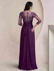 Sheath / Column Mother of the Bride Dress Formal Fall Wedding Guest Elegant Sparkle & Shine Jewel Neck Asymmetrical Floor Length Chiffon Lace 3/4 Length Sleeve with Appliques