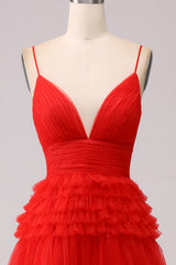 A Line Tulle Spaghetti Straps Sweetheart Prom Dress Floor Length With Slit