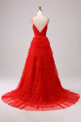 A Line Tulle Spaghetti Straps Sweetheart Prom Dress Floor Length With Slit