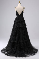 A Line Tulle Spaghetti Straps Sweetheart Prom Dress Floor Length With Slit