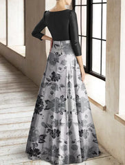 A-Line Mother of the Bride Dress Formal Wedding Guest Elegant Square Neck Floor Length Taffeta Stretch Fabric 3/4 Length Sleeve with Flower