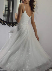 Shiny A-Line V-Neck Sleeveless Little White Sequined Wedding Dresses Short Party Dress