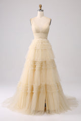 A Line Tulle Spaghetti Straps Sweetheart Prom Dress Floor Length With Slit