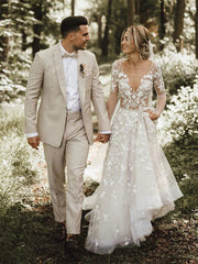 Romantic A-line Wedding Dresses With Long Sleeves Lace Bridal Gowns Elegant