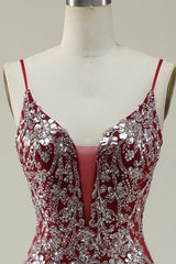 Mermaid Spaghetti Straps Burgundy Long Prom Dress with Bronzing Open Back Sparkly
