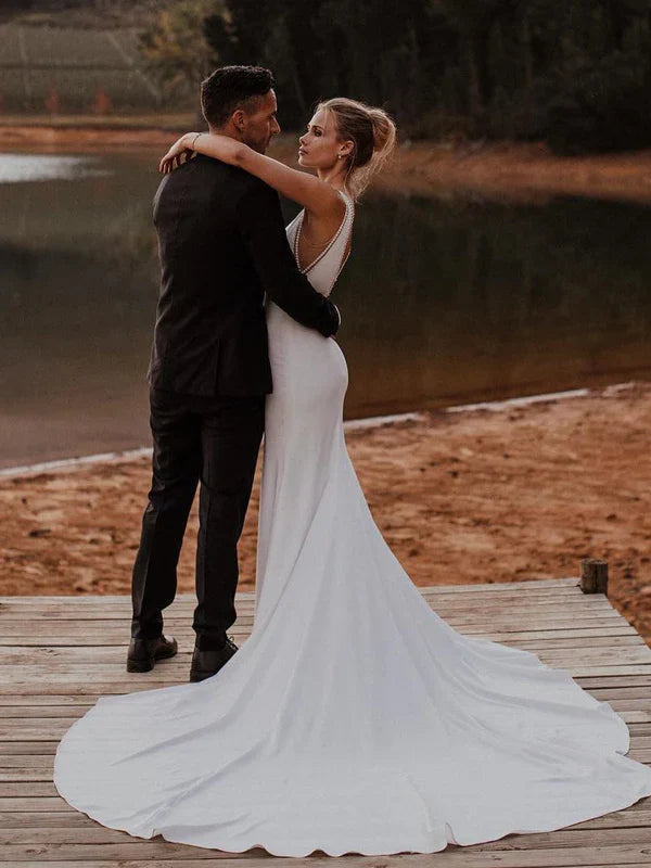 Elegant Mermaid Back-V Sleeveless Chapel Train Satin Appliqued Wedding Dresses Charming