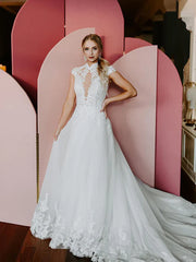 Elegant Applique A-line Lace Chapel Train Wedding Dresses With Sequins Beautiful