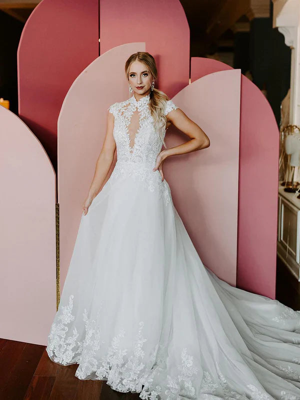 Elegant Applique A-line Lace Chapel Train Wedding Dresses With Sequins Beautiful