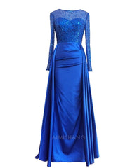 Aimishang Mermaid Sequin Evening Gown Ruched Satin Dress Long Sleeves Floor Length Sparkle Illusion Neck Fall Wedding Guest Dress with Pearls Overskirt