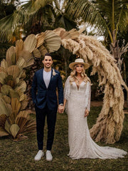 Wonderful Deep V-neck Lace Bat Sleeve Wedding Dresses With Sweep Train Sexy Charming