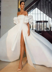 Strapless Ball-Gown Wedding Dress With Short Sleeves Satin Court Train And Split Front Off Shoulder