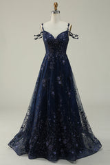 Navy A Line Cold Shoulder Long Prom Dress V-neck Sexy Sparkly