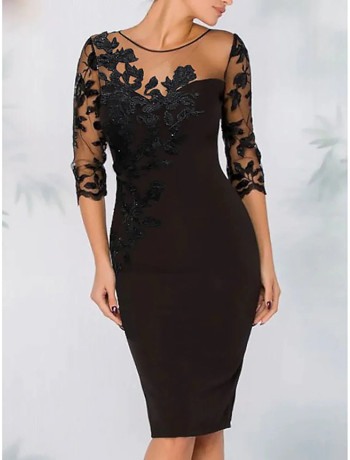 Sheath Cocktail Elegant Dress Fall Wedding Guest Dress Long Sleeve Black Dress Midi Dress Floral Embroidery Illusion Neck Mother of the Bride Dress