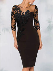 Sheath Cocktail Elegant Dress Fall Wedding Guest Dress Long Sleeve Black Dress Midi Dress Floral Embroidery Illusion Neck Mother of the Bride Dress