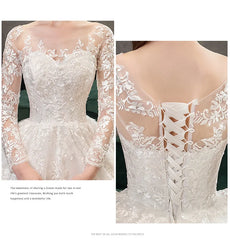 Vintage O Neck Full Sleeve Wedding Dress Lace Embroidery Gown