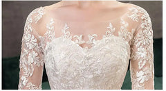 Vintage O Neck Full Sleeve Wedding Dress Lace Embroidery Gown