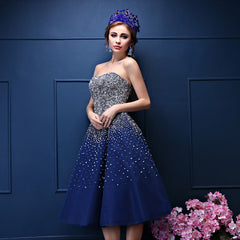 Navy Blue Sequins Sweetheart Tulle Knee Length Party Dresses, Blue Homecoming Dresses