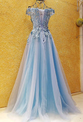Light Blue Off Shoulder Long Party Dress with Flowers, Tulle Blue Evening Dress Prom Dress