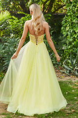 Aimishang Elegant Prom Dresses Strapless Corset Top Beaded Applique Slit Tulle Dress
