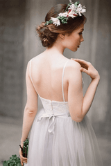 Spaghetti Straps Backless Grey Tulle Long Wedding Dresses With Lace Appliques TN305