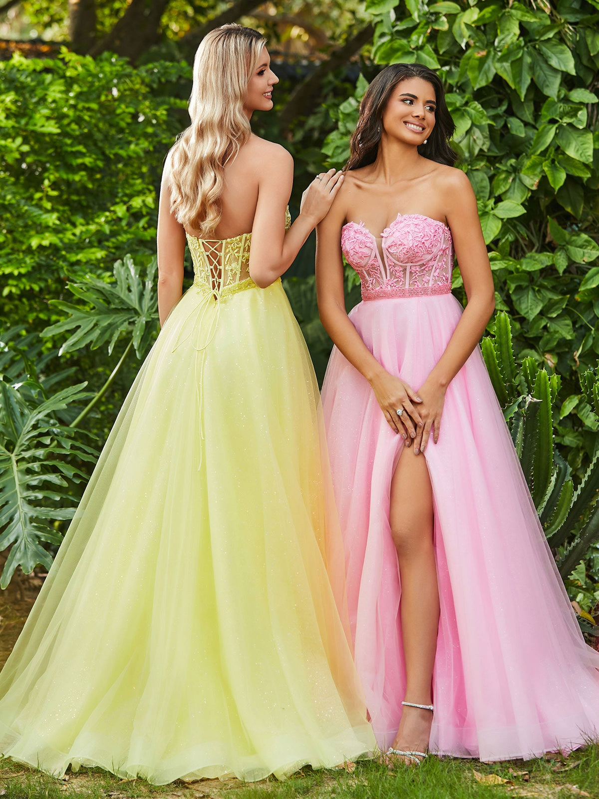 A-Line Strapless Sheer Boned Bodice Tulle Dress with Slit Candy Pink