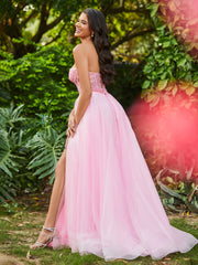 A-Line Strapless Sheer Boned Bodice Tulle Dress with Slit Candy Pink