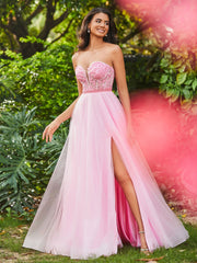 A-Line Strapless Sheer Boned Bodice Tulle Dress with Slit Candy Pink
