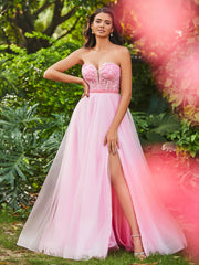 A-Line Strapless Sheer Boned Bodice Tulle Dress with Slit Candy Pink