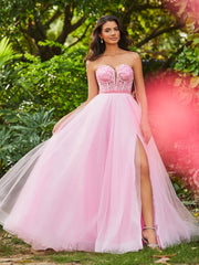A-Line Strapless Sheer Boned Bodice Tulle Dress with Slit Candy Pink