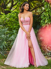 A-Line Strapless Sheer Boned Bodice Tulle Dress with Slit Candy Pink