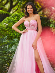 A-Line Strapless Sheer Boned Bodice Tulle Dress with Slit Candy Pink