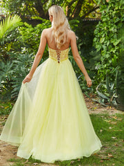 A-Line Strapless Sheer Boned Bodice Tulle Dress with Slit Daffodil